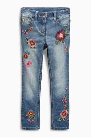 Denim Mid Blue Embellished Floral Jeans (3-16yrs)